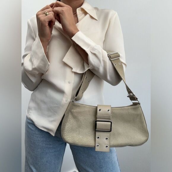 Express Handbags - Vintage Y2K Express Beige Suede Canvas Strap East West Underarm Shoulder Bag